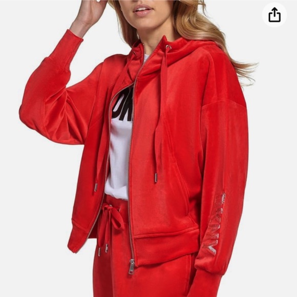DKNY VELVET LOGO HOODIE RED CHERRY LARGE - Picture 4 of 6